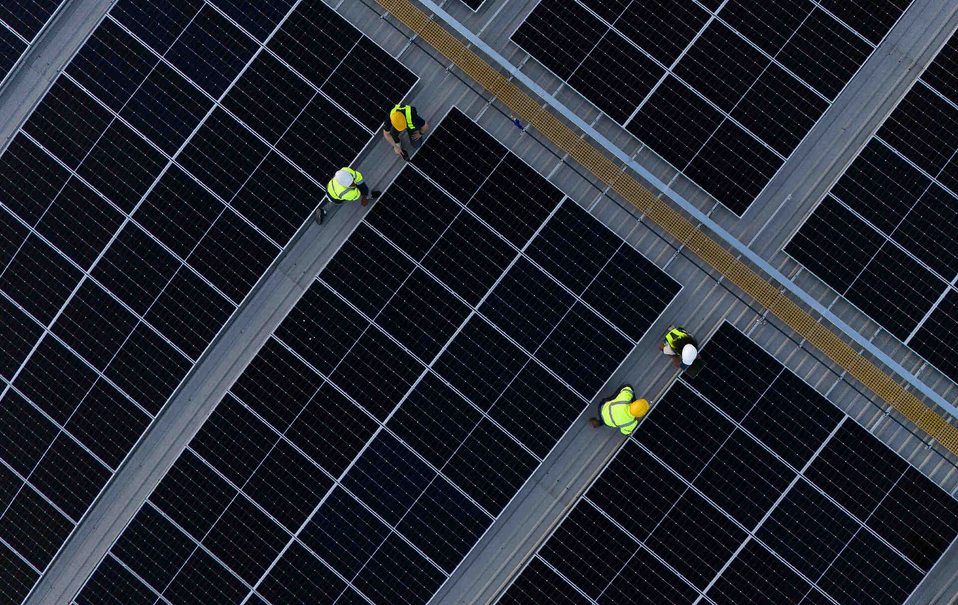 Aerial view of solar panel arrays used for renewable and clean energy projects